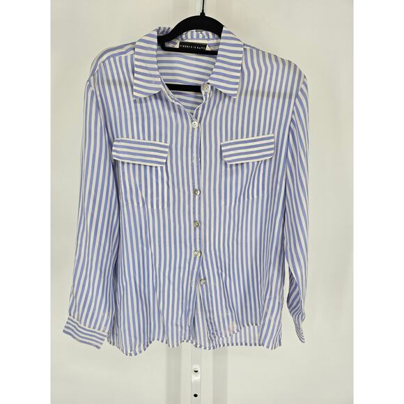 Melrose Silk Studio Womens Sz M Long Sleeve Button Up Shirt Blue White Striped - Picture 1 of 4